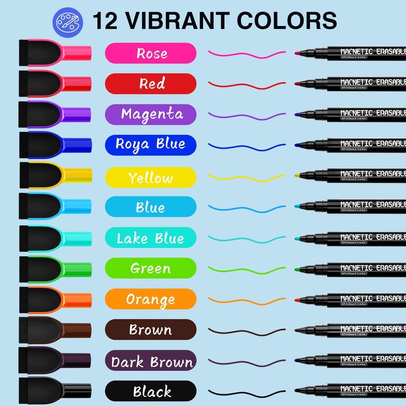 PRZRU Magnetic Dry Erase Markers Fine Tip - 12 Colors Whiteboard Markers with Eraser Cap, Low Odor Thin Dry Erase Markers for Kids Teachers, Work On White board & Calendar, Refrigerator, Kids Gift - Image 2